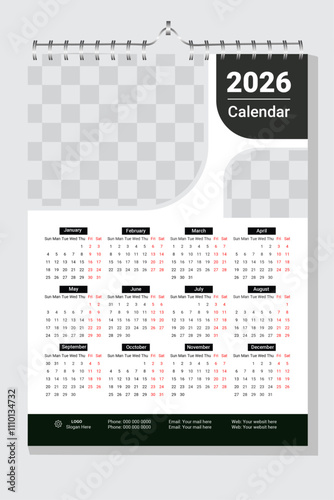 2026 wall calendar template, week starts Monday, Corporate 12 month wall calendar 2026 schedule.