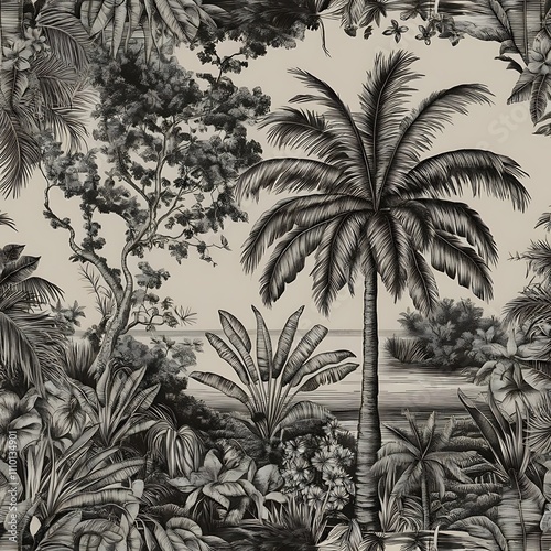 Vector Exotic tropical hawaiian summer. Palm beach tree leaves jungle botanical. Black and white engraved ink art. Seamless background pattern. Fabric wallpaper print texture.
