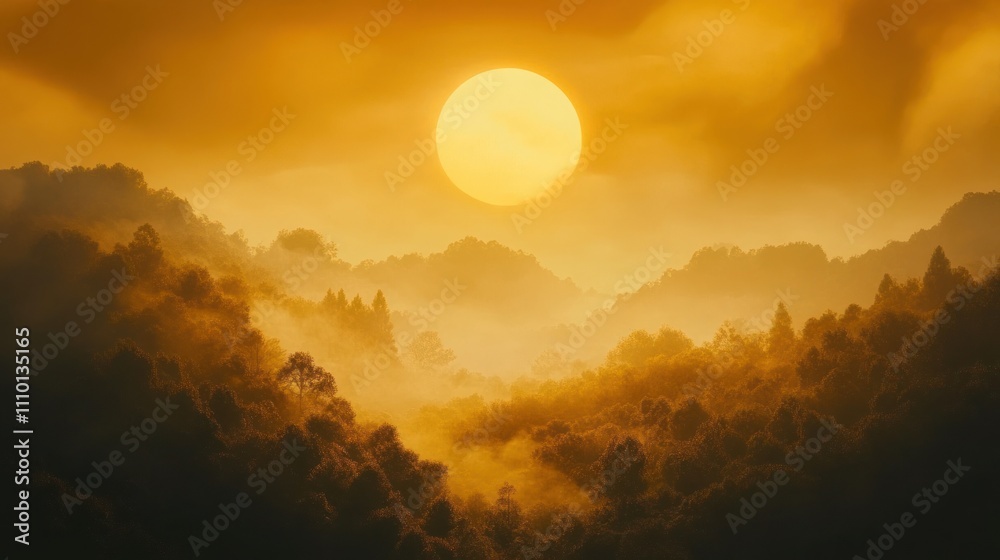 Fototapeta premium Golden sunrise over misty mountain landscape.