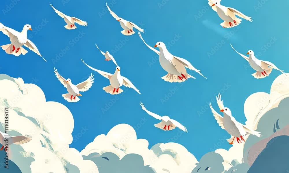 A serene scene of white doves flying against a bright blue sky with fluffy clouds.