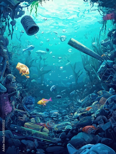 Decomposition waste in ocean. Plastic pollution, garbage oceanic objects. Material poison, global ecological catastrophe utter vector poster photo