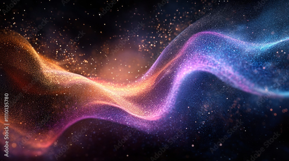 A radiant wave of particles with holographic colors creating an abstract energy flow on a minimalistic black background A radiant wave of particles with holographic colors creating an abstract energy flow on a minimalistic black background