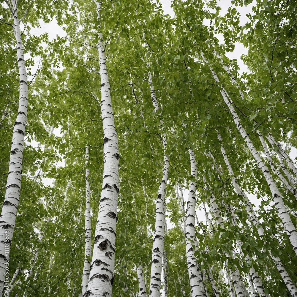 Fototapeta premium A silver birch tree with white bark and shimmering green leaves, on a white background.