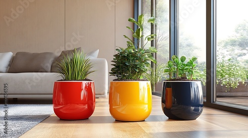 Minimalist living room with modern colorful plant pots, low profile design photo