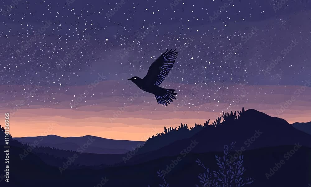 A silhouette of a bird flying against a starry night sky and layered mountains.