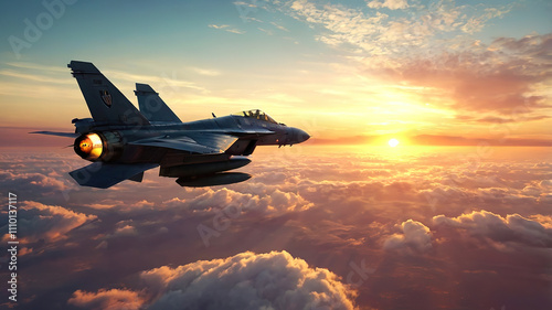 Jet fighter flying in a sunset sky, illustration, High Resolution