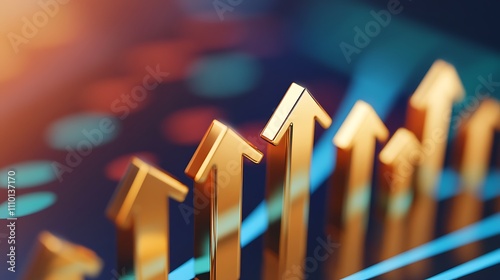 Golden arrows ascending on a dark background with glowing lines, symbolizing growth and success.