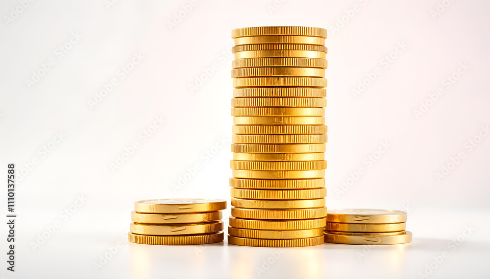 Stack of golden coins on a white background, symbolizing wealth, savings, and financial growth. Generative AI Stack of golden coins on a white background, symbolizing wealth, savings, and financial growth. Generative AI