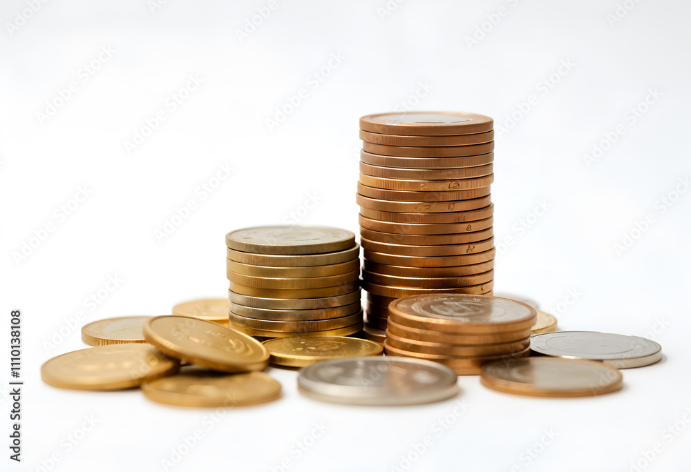 Mixed coins stacked and scattered on a white background, symbolizing diverse financial opportunities. Generative AI Mixed coins stacked and scattered on a white background, symbolizing diverse financial opportunities. Generative AI