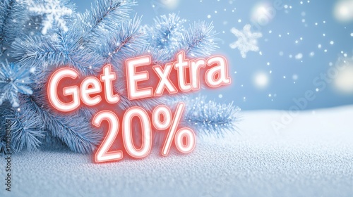 A festive winter scene featuring a frosted tree with the text "Get Extra 20%" highlighted, suggesting a seasonal promotion or discount.