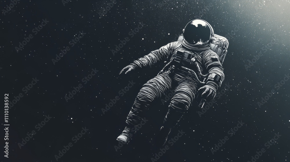 Abstract astronaut, thin outline, floating through dark space Abstract astronaut, thin outline, floating through dark space