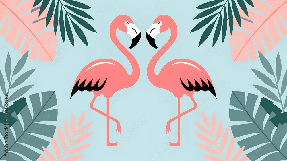 Fototapeta premium Flamingo seamless pattern on a background of tropical leaves. Popular background