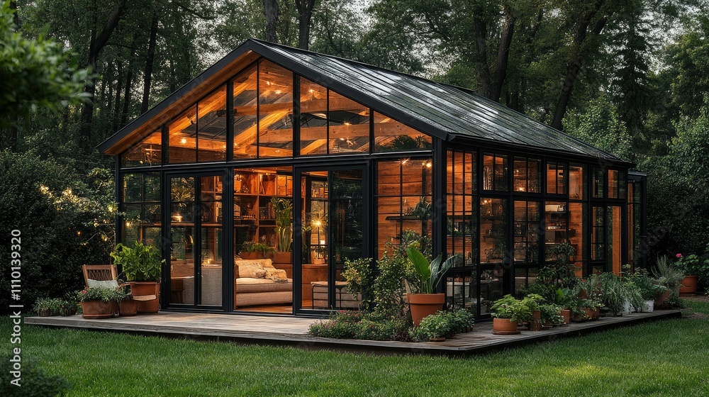 A modern greenhouse with glass walls, wooden accents, and lush plants in a serene garden. A modern greenhouse with glass walls, wooden accents, and lush plants in a serene garden.