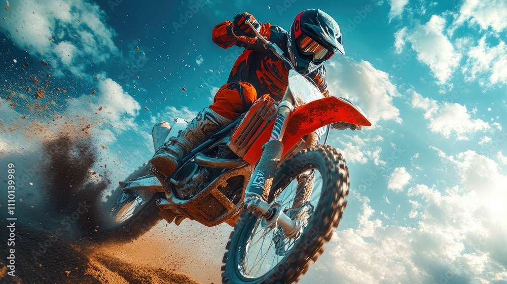 A motocross rider performs an aerial jump on a dirt bike against a dramatic sky backdrop. A motocross rider performs an aerial jump on a dirt bike against a dramatic sky backdrop.