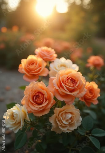 A close-up of several orange and white roses with blurred background