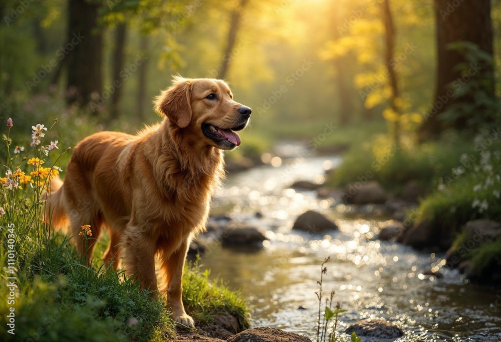 A golden retriever dog with a friendly expression in a forest setting A golden retriever dog with a friendly expression in a forest setting