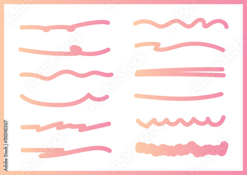 手書きピンクグラデーションの蛍光ペン マーカーラインのアンダーラインセットイラスト