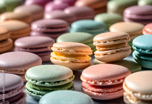 Delicious French macarons with different flavors. Colorful background with macarons. Pink, blue French macaroni close-up.