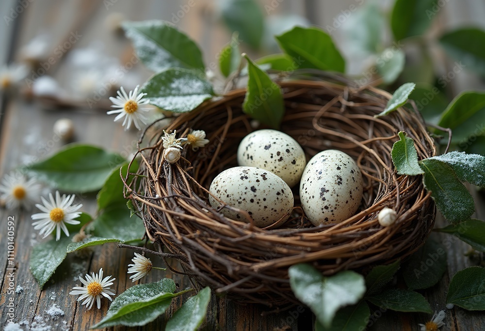 A nest made of twigs and leaves containing speckled quail eggs, surrounded by small white flowers and a dusting of snow or frost on a rustic wooden background A nest made of twigs and leaves containing speckled quail eggs, surrounded by small white flowers and a dusting of snow or frost on a rustic wooden background