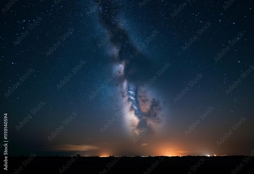 A night sky filled with stars and the Milky Way galaxy, with a faint orange glow on the horizon A night sky filled with stars and the Milky Way galaxy, with a faint orange glow on the horizon