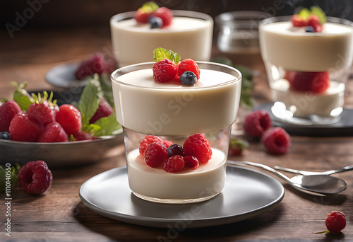 Delicious vanilla panna cotta with berries. Panna cotta dessert with berriesy photo