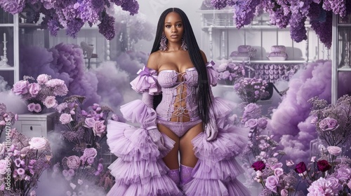 Elegant Woman in Lavender Ball Gown Amidst Floral Fantasy