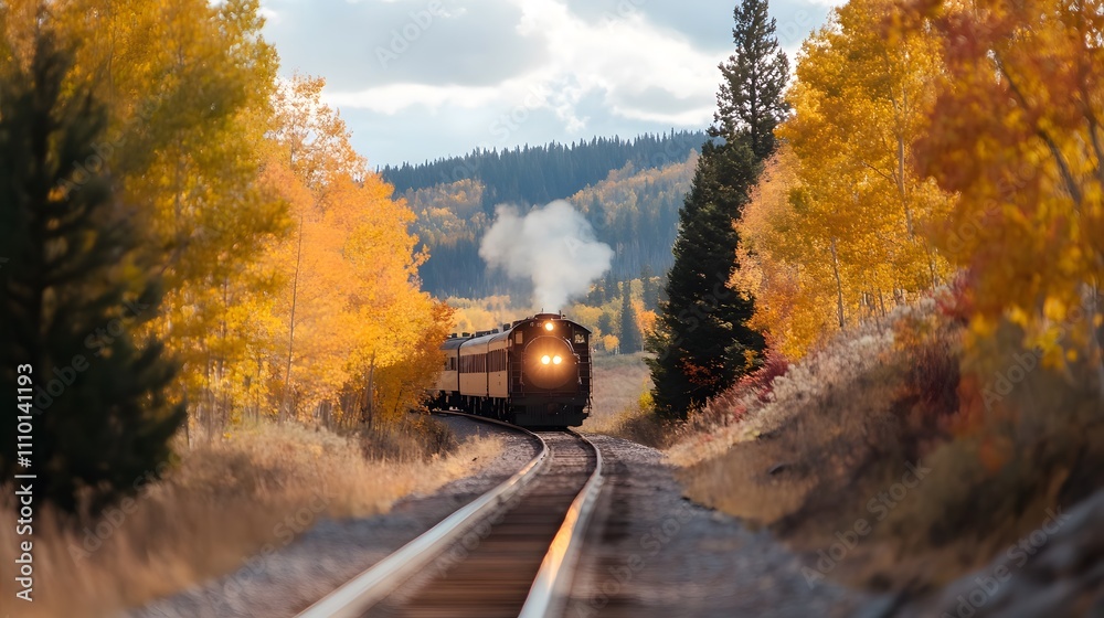 Old locomotive steam locomotive in autumn scenery, Generative AI 