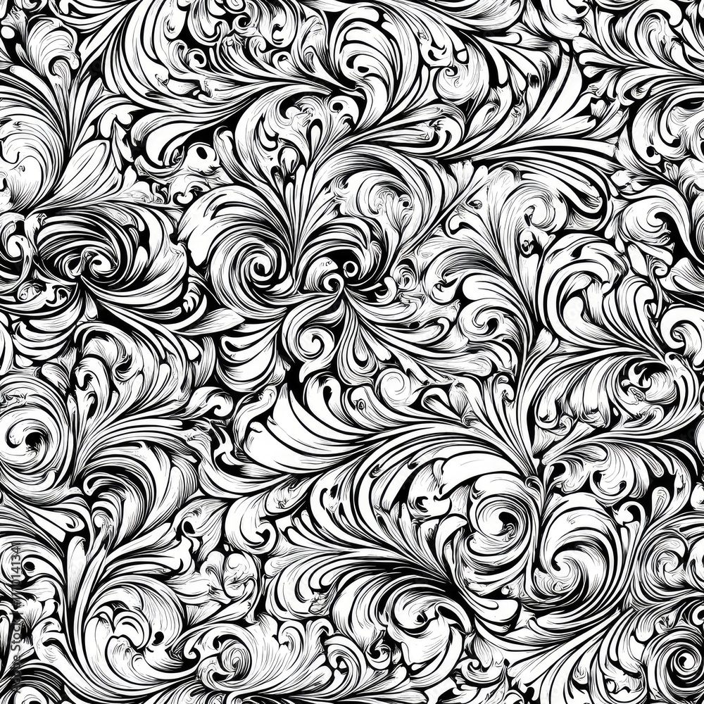 Black and white swirling floral seamless pattern. Black and white swirling floral seamless pattern.