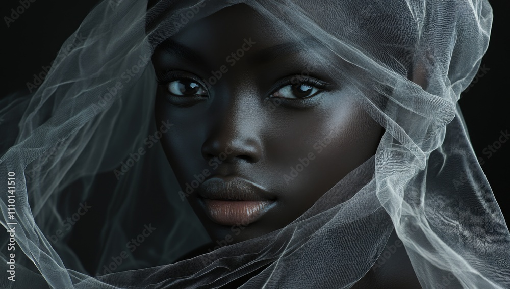 close-up of beautiful futuristic black woman with flowing veil on head close-up of beautiful futuristic black woman with flowing veil on head