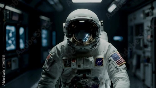A person in a red spacesuit stands in a dark, long corridor of a spaceship