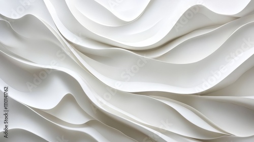 Abstract layers of white waves with subtle curves, creating depth and movement on a white background