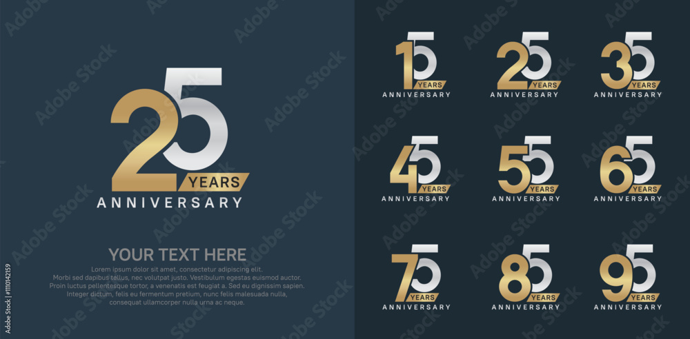 Anniversary logo set vector design, gold and silver color for celebration event