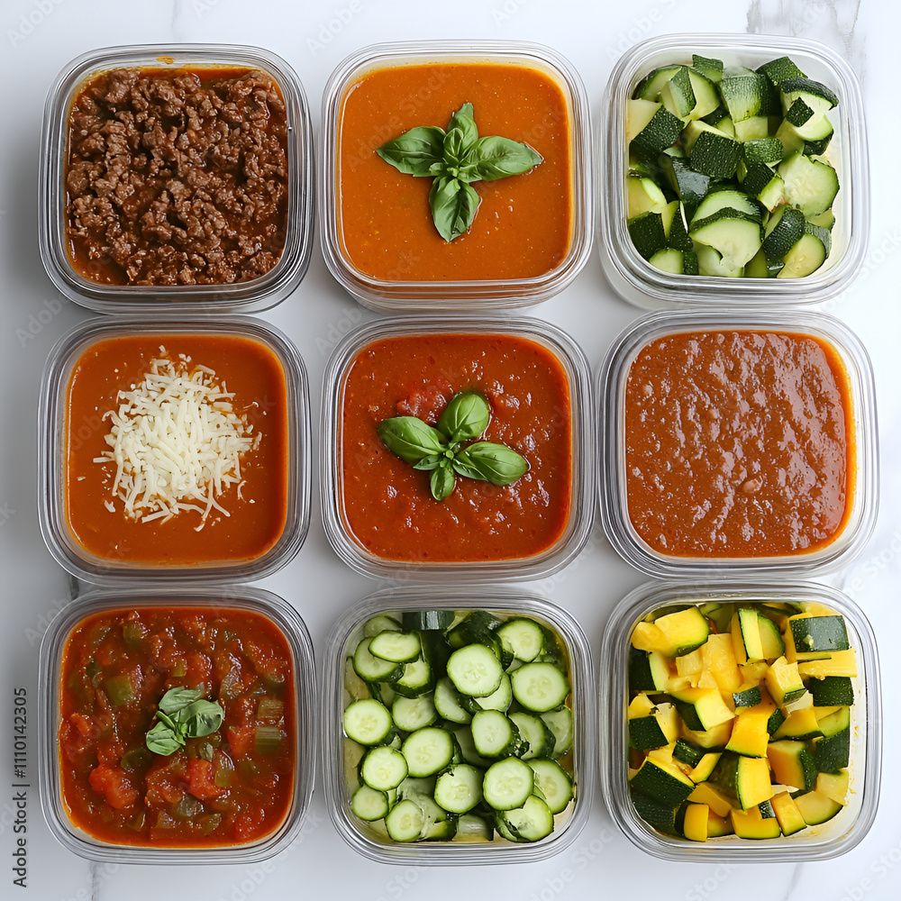 Variety of prepared sauces and vegetables in clear storage containers arranged on a marble countertop Variety of prepared sauces and vegetables in clear storage containers arranged on a marble countertop