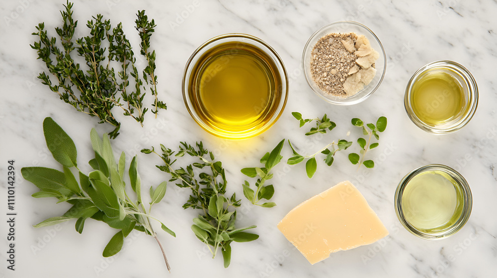 Fresh herbs, spices, and oils arranged on a marble countertop for culinary preparation Fresh herbs, spices, and oils arranged on a marble countertop for culinary preparation