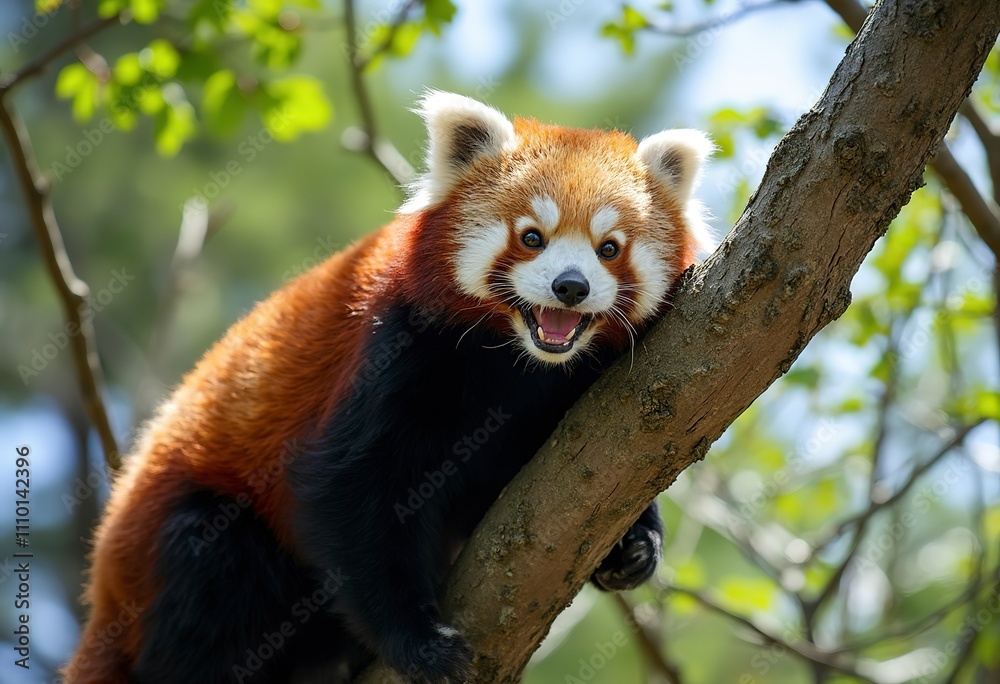 A red panda with a cute, smiling expression resting on a tree branch in a lush, green environment A red panda with a cute, smiling expression resting on a tree branch in a lush, green environment
