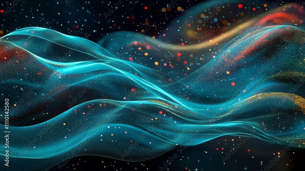 Fototapeta premium Abstract particles in motion, forming a smooth wave across a dark tech-inspired background