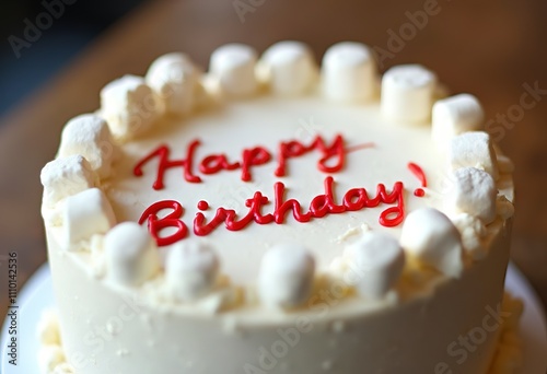 A white cake with marshmallows on top, with the text Happy Birthday written in red on the cake