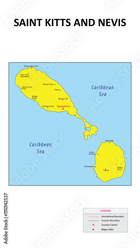Saint Kitts and Nevis Map. Major cities in Saint Kitts and Nevis. Political map of Saint Kitts and Nevis with border and neighbouring countries.
