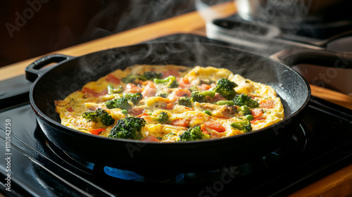 Steaming veggie omelet with broccoli and tomatoes in skillet