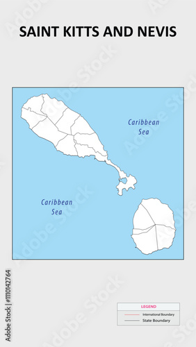 Saint Kitts and Nevis Map. Political map of Saint Kitts and Nevis with state border in outline. Political map of Saint Kitts and Nevis with outline and neighbouring countries.
