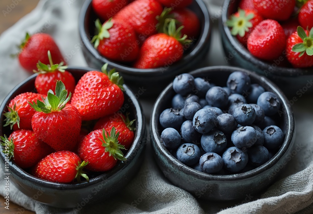 Fresh ripe red strawberries and blueberries in black and white bowls Fresh ripe red strawberries and blueberries in black and white bowls