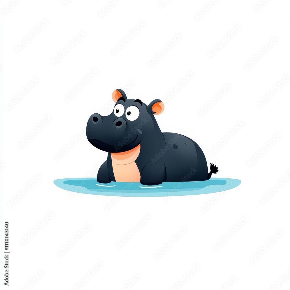 A cartoonish black and white hippo is sitting in a pond A cartoonish black and white hippo is sitting in a pond