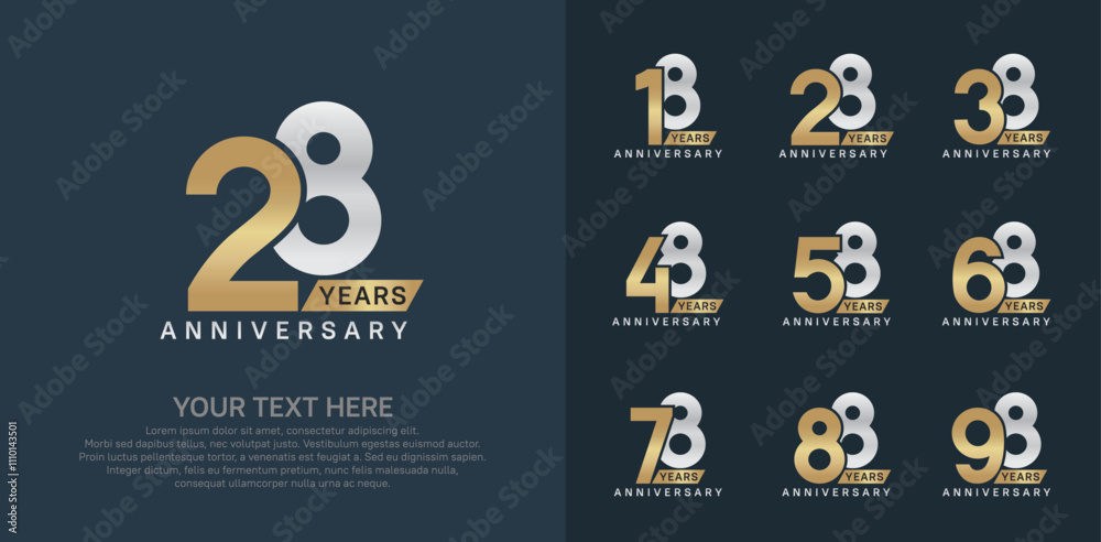 Anniversary logo set vector design, gold and silver color for celebration event Anniversary logo set vector design, gold and silver color for celebration event
