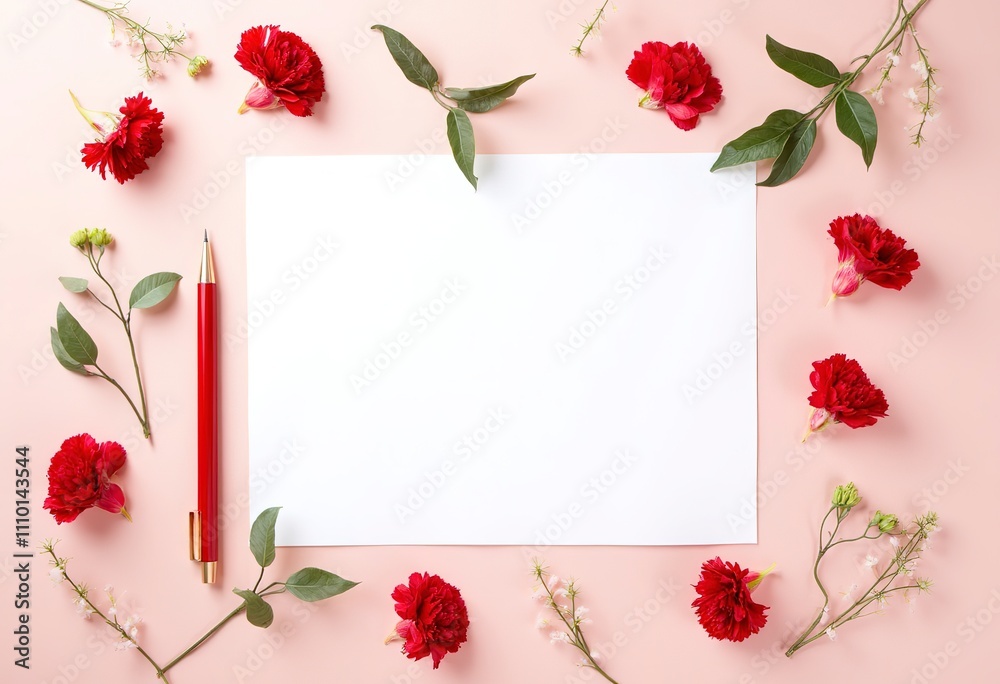 A blank white card or note with a red pen, surrounded by vibrant red carnation flowers on a soft pink background A blank white card or note with a red pen, surrounded by vibrant red carnation flowers on a soft pink background