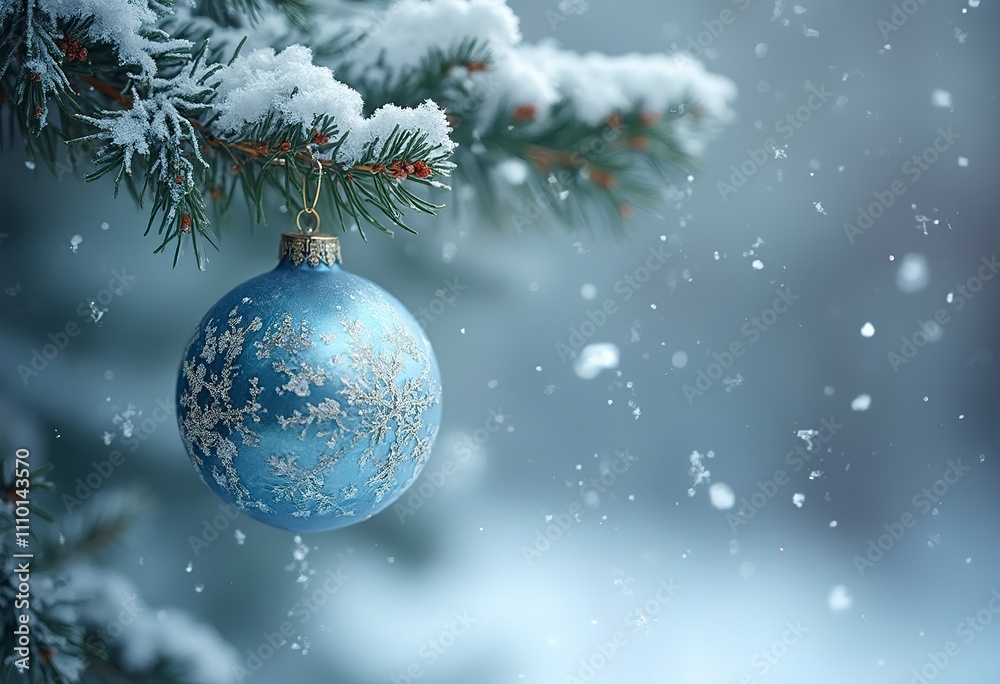 A blue and white ornament hanging on a snow-covered pine tree branch, with snowflakes falling in the background A blue and white ornament hanging on a snow-covered pine tree branch, with snowflakes falling in the background