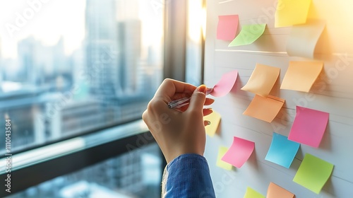 Hand adding sticky notes to a whiteboard for planning.