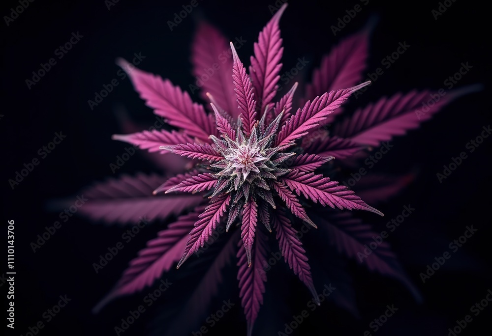 A close-up view of a cannabis plant with vibrant purple and pink leaves against a black background A close-up view of a cannabis plant with vibrant purple and pink leaves against a black background