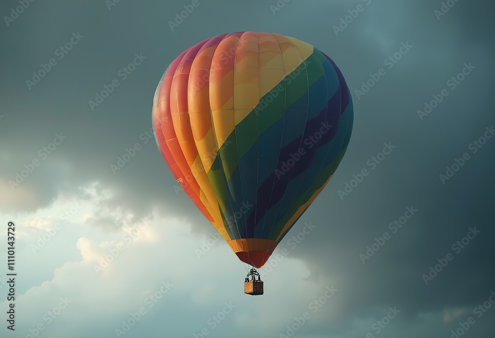 Naklejka premium A colorful hot air balloon with a rainbow pattern, floating against a cloudy sky