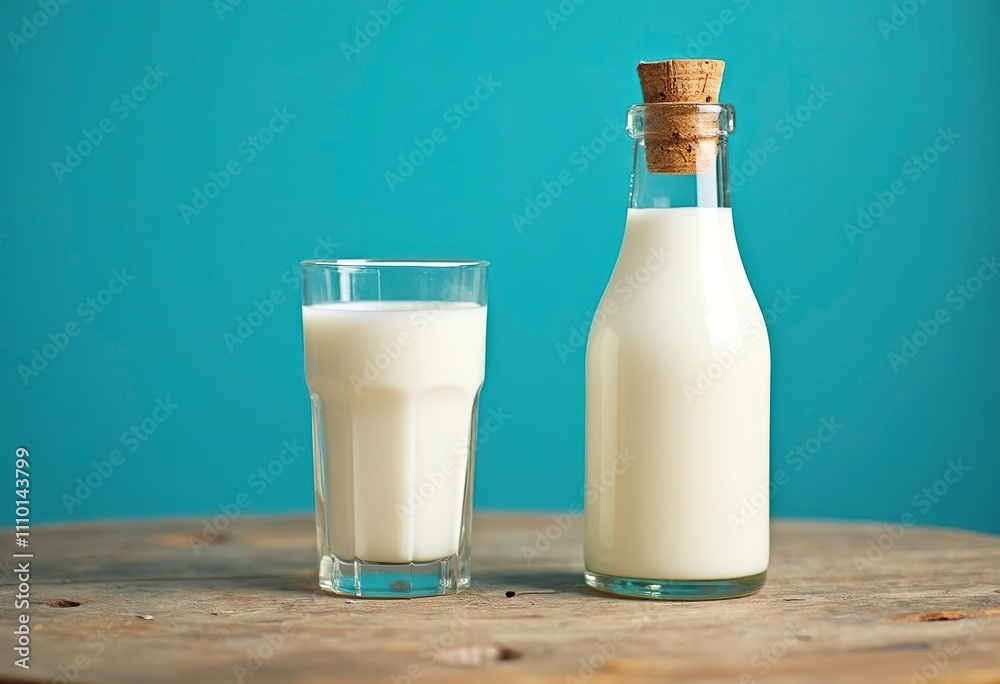 A glass bottle and a glass of creamy white liquid, possibly milk or a milk-based beverage, against a bright blue background A glass bottle and a glass of creamy white liquid, possibly milk or a milk-based beverage, against a bright blue background