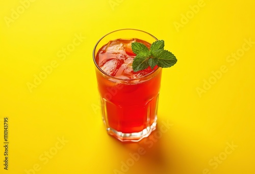 Wallpaper Mural A glass of red fruit punch or sangria garnished with a mint leaf, against a bright yellow background Torontodigital.ca